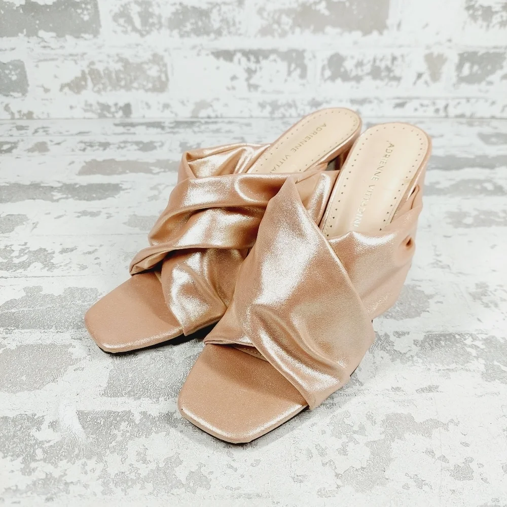 Adrienne Vittadini Genie Satin Cream Cross Band Heeled Slide Dress Sandals W1101
